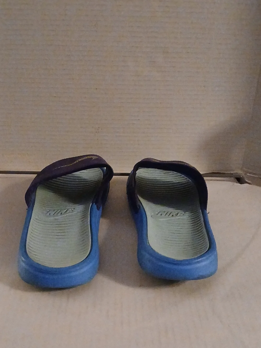 Nike Burgundy Slides with Purple Swoosh and Blue Trim